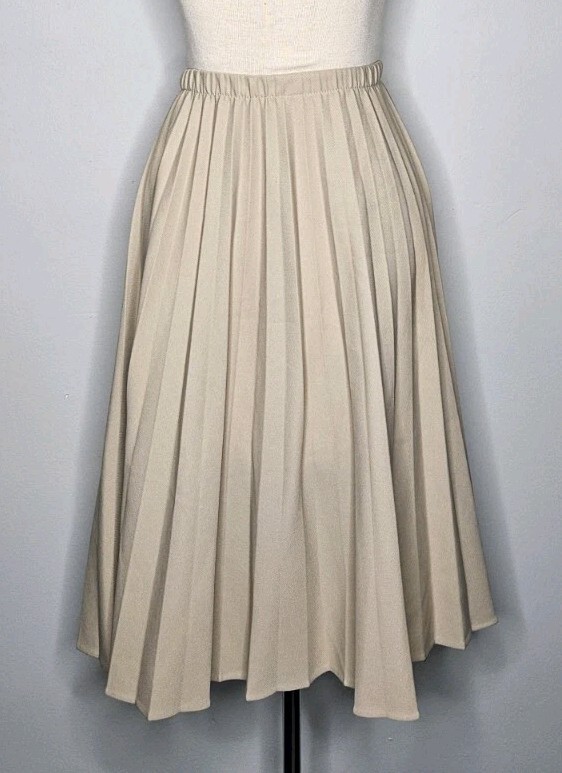 VTG 1970s Tan Pleated A-Line Skirt Elastic Waist Boho Secretary M