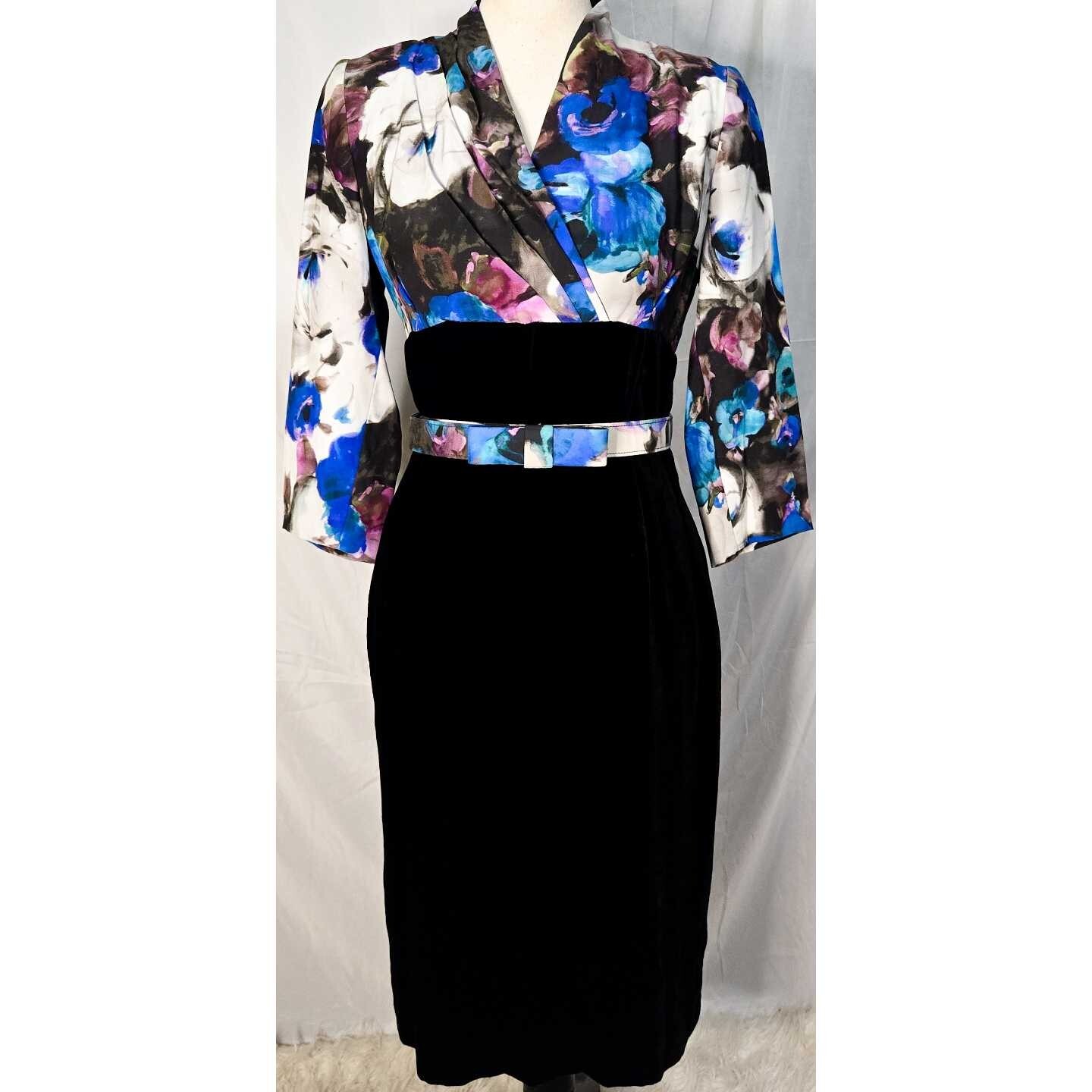 Vintage Paola Quadretti Dress Small 4 Silk Floral 80s Blue Black Velvet