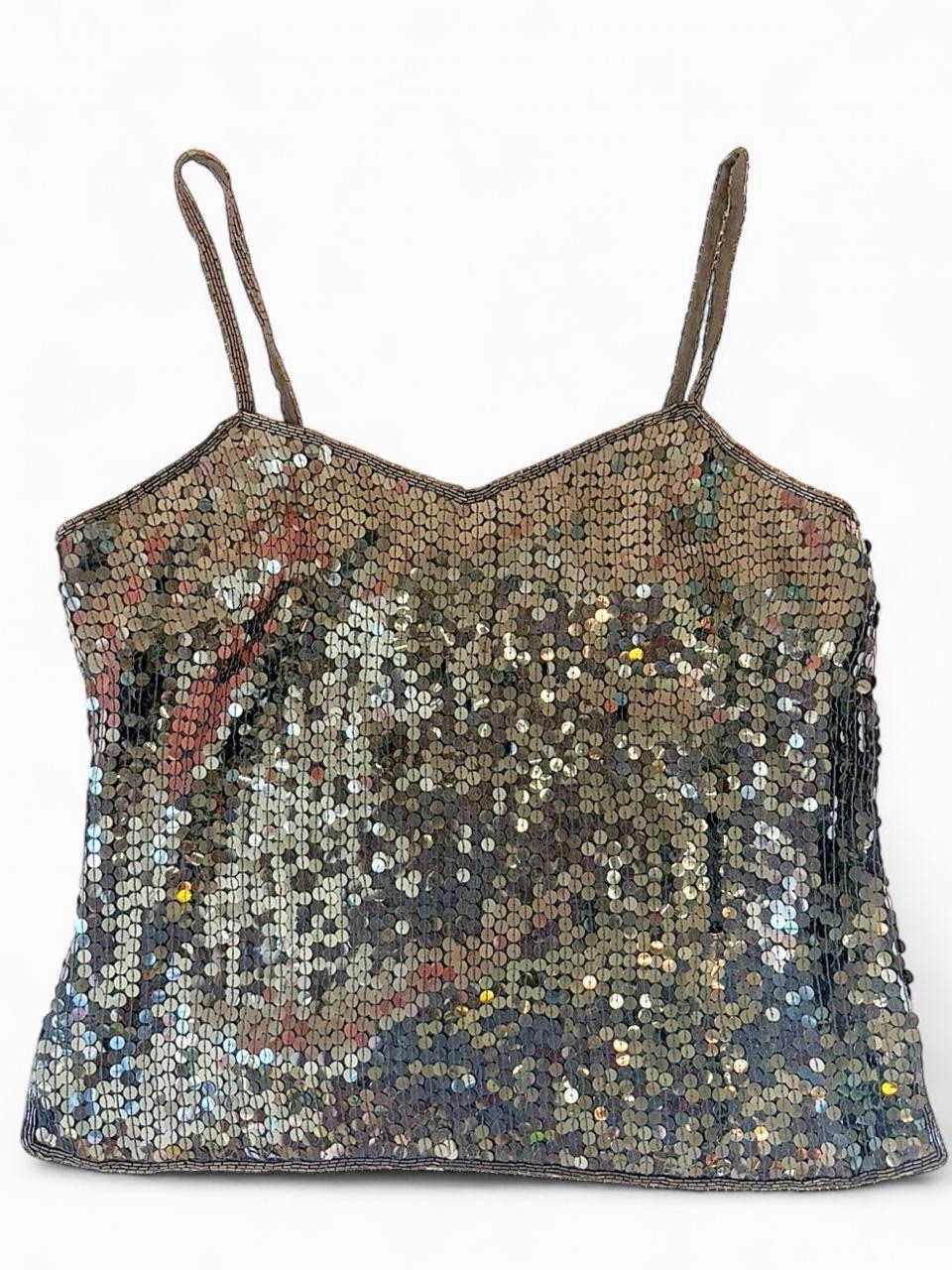 VTG 80s 90s Joan Leslie Black Silk Sequin Beaded Camisole formal Top Cocktail L