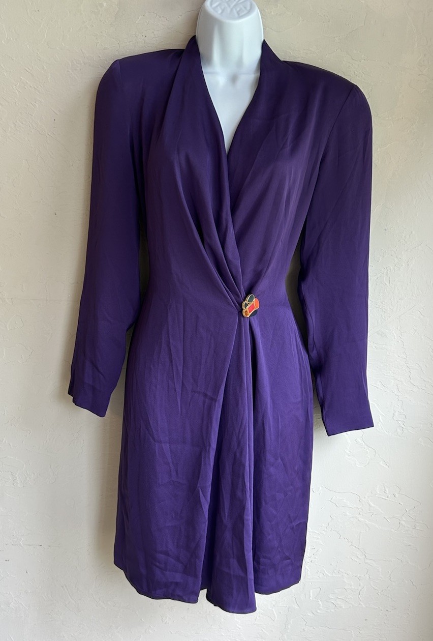 Vintage 80s Next Purple Satin Dress 6 Draped Power Dressing Retro Secretary Glam