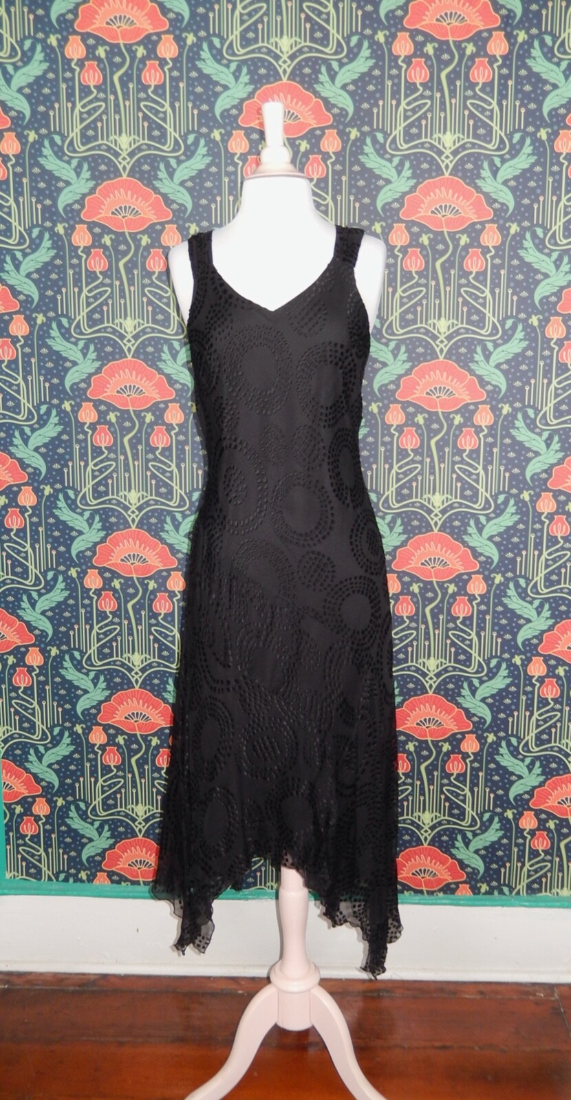Vintage 90’s Y2k Burnout Silk Black Witchy Pointy Hem Whimsigoth Cocktail Dress