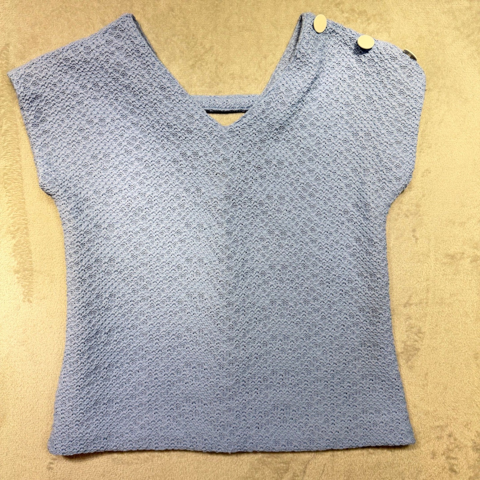 Vintage Blair Blue Textured Knit Cap Sleeve Top Size 8 90s Made in USA