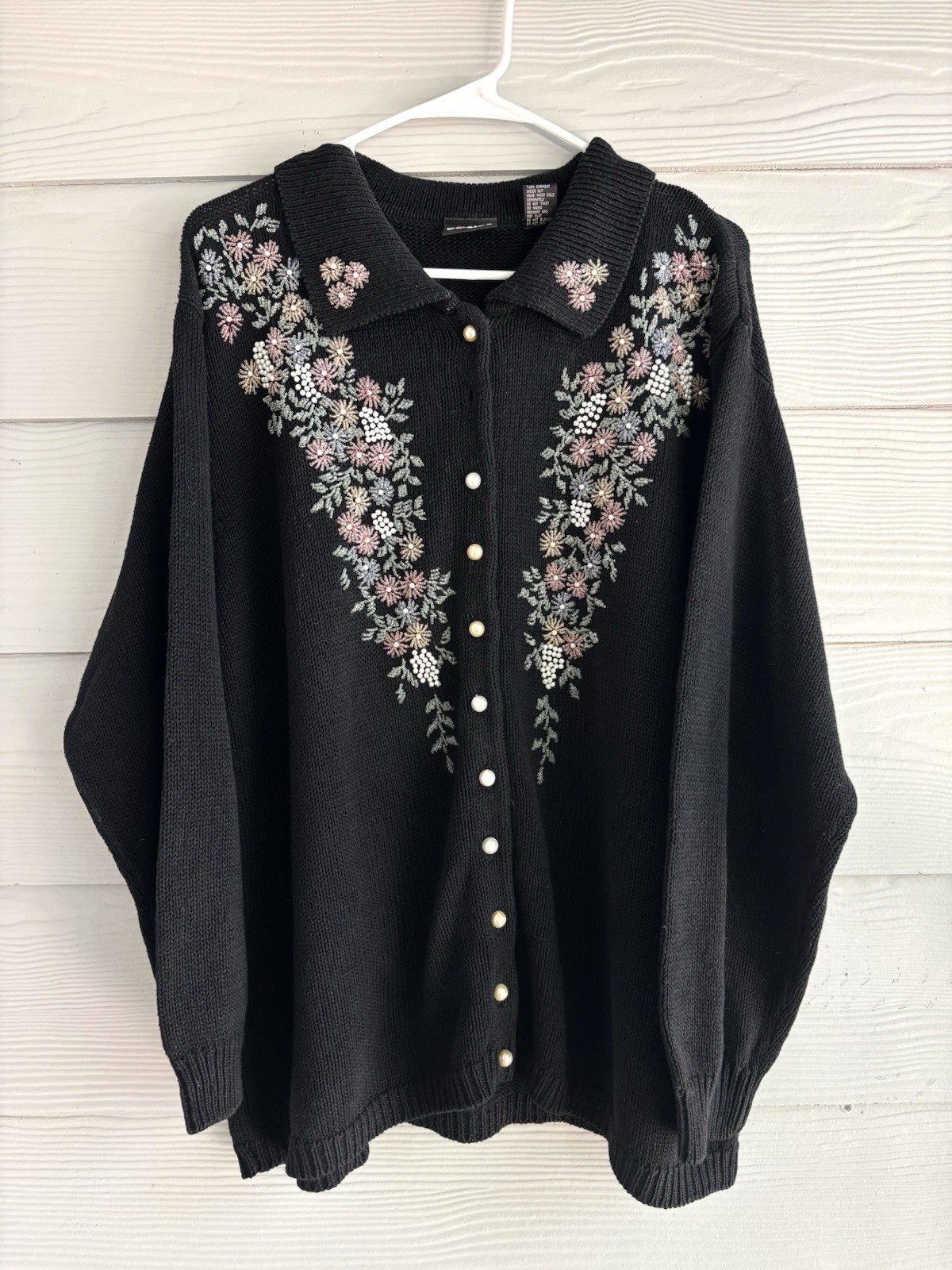 Vintage Beaded Cardigan Sweater Black Pearl Button 18 20W Plus Size READ Floral