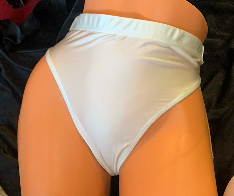 Shiny Wet Look Pure White Satin Spandex Hi Cut Leg & Waist Thong Panties Sz XL
