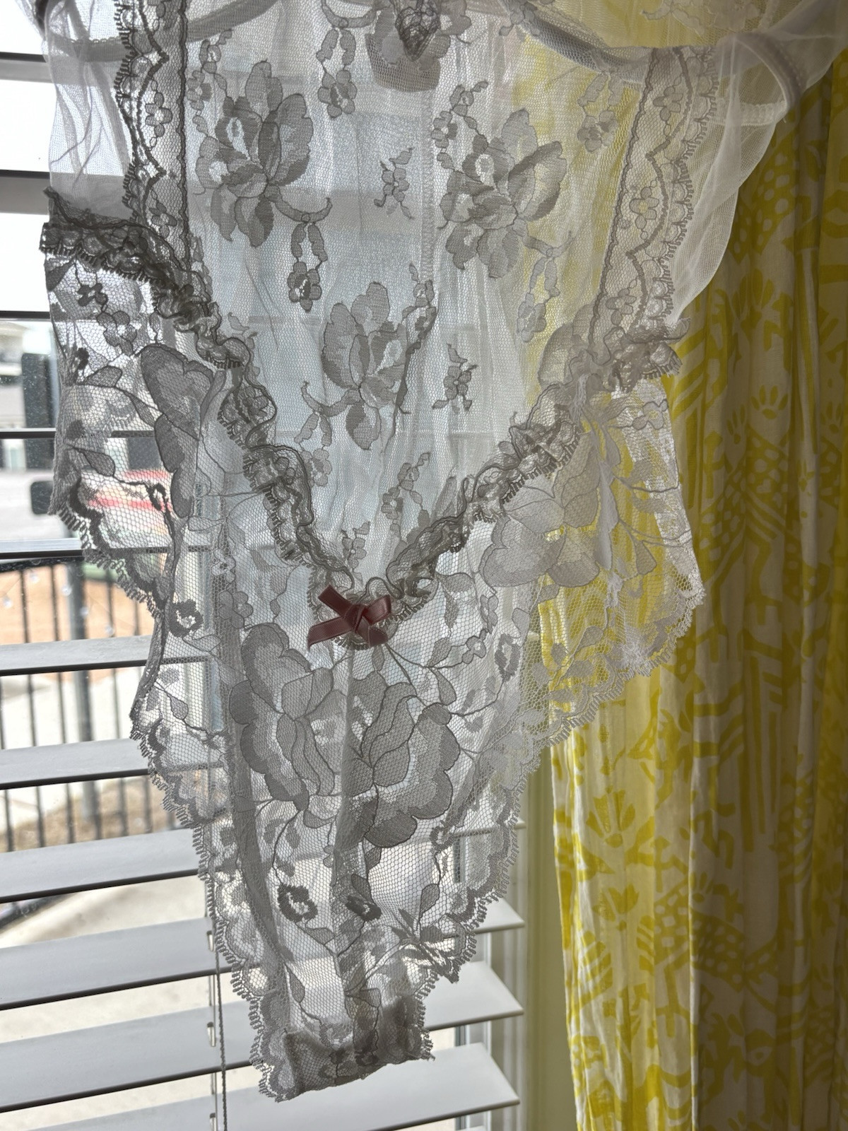 VTG 80s E. Bole White Lace High Cut Lingerie Teddy Sheer Lace Pink Bow