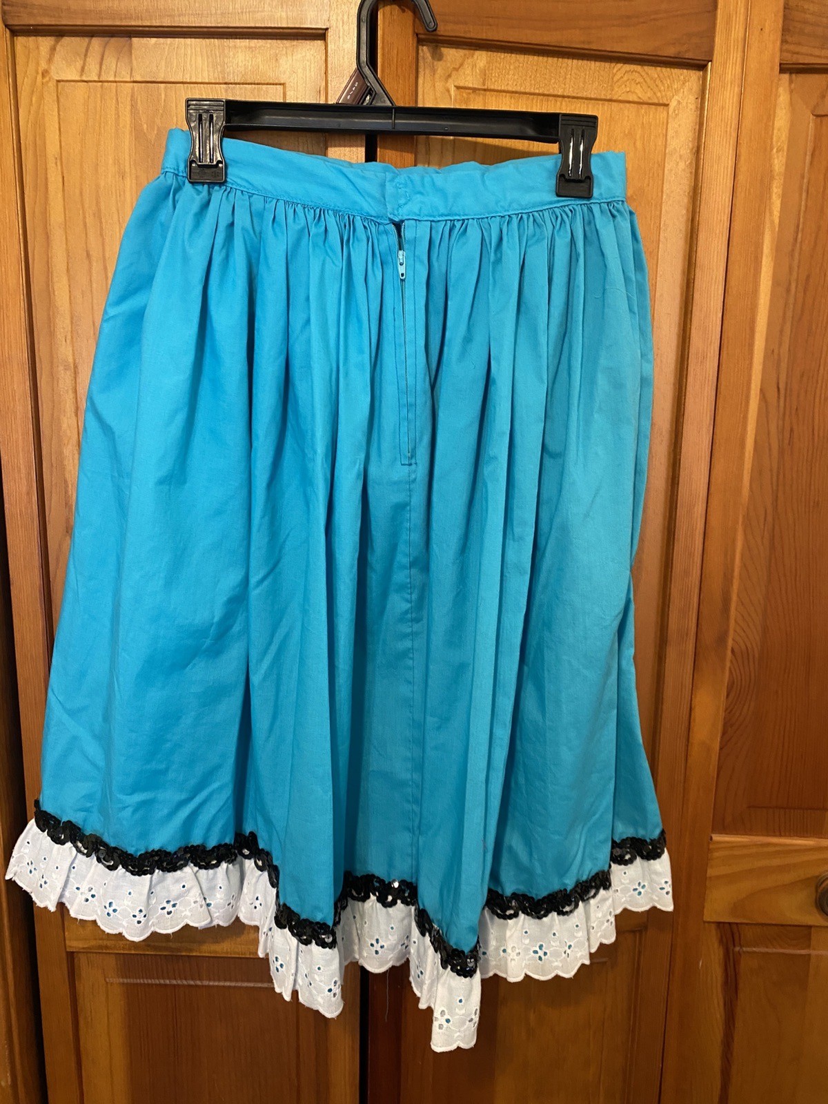 HANDMADE SQUARE DANCE SKIRT RUFFLES SEQUINS VINTAGE UNIQUE AQUA BLUE WHITE RUFFL