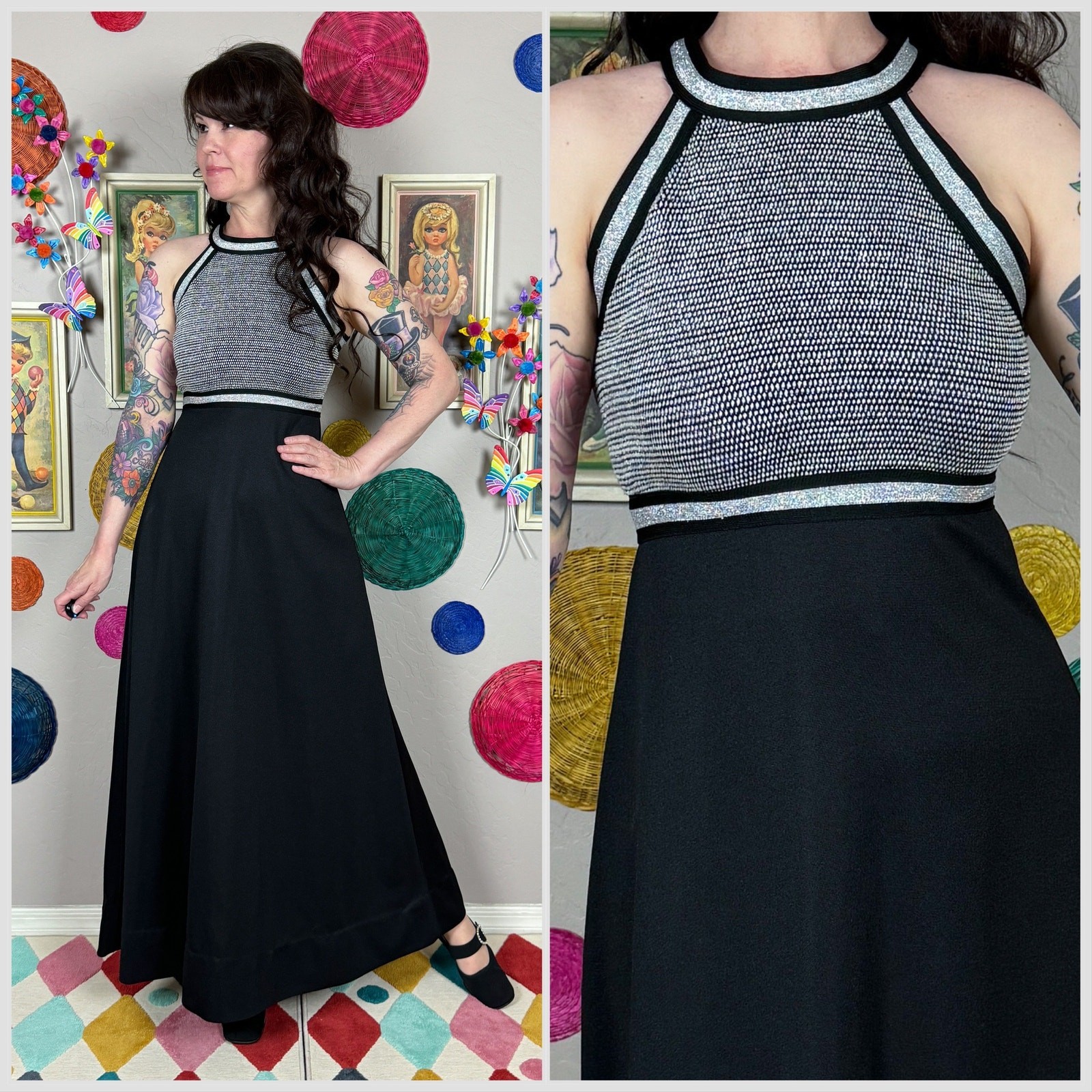 Vintage 1970s Black and Silver Halter Maxi Dress | 26″-28″ Waist