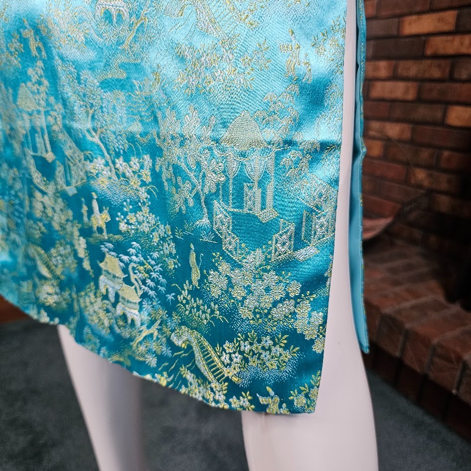 Vtg 60s Aqua Blue Gold Brocade Cheongsam Qipao Evening Cocktail Party Dress XS/S