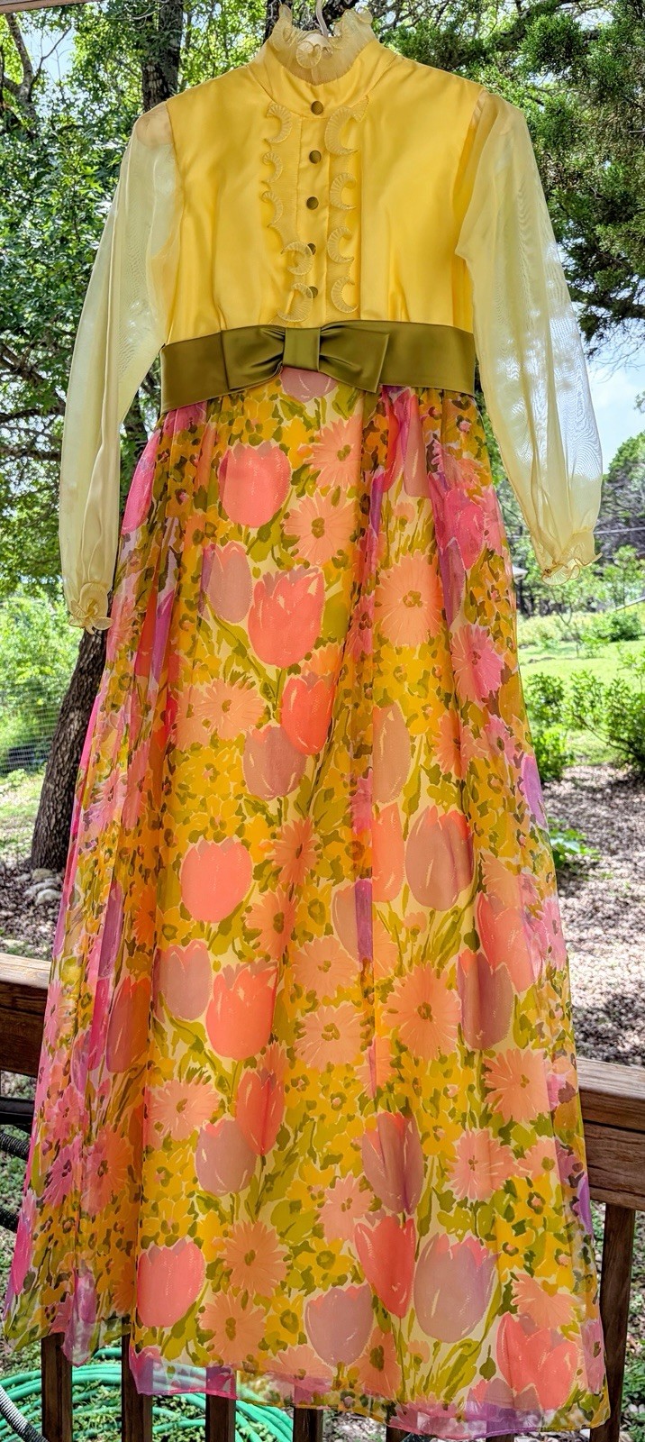 Vintage 1970s Yellow Floral Tuxedo Ruffled Chiffon Maxi Dress Empire Waist