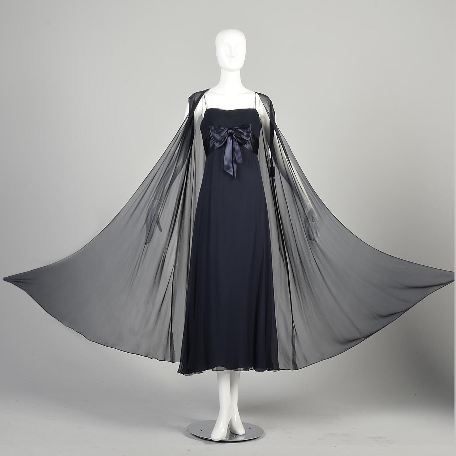 Small 1960s Navy Blue Silk Chiffon Evening Dress Formal Gown Sheer Vest Topper