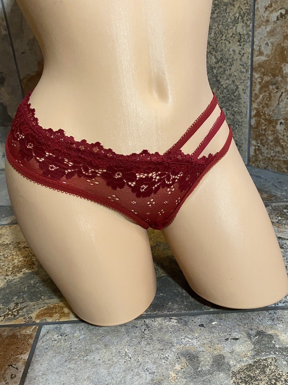 Red Sheer Nylon Bikini Strappy Lace Women’s Large New NWOT