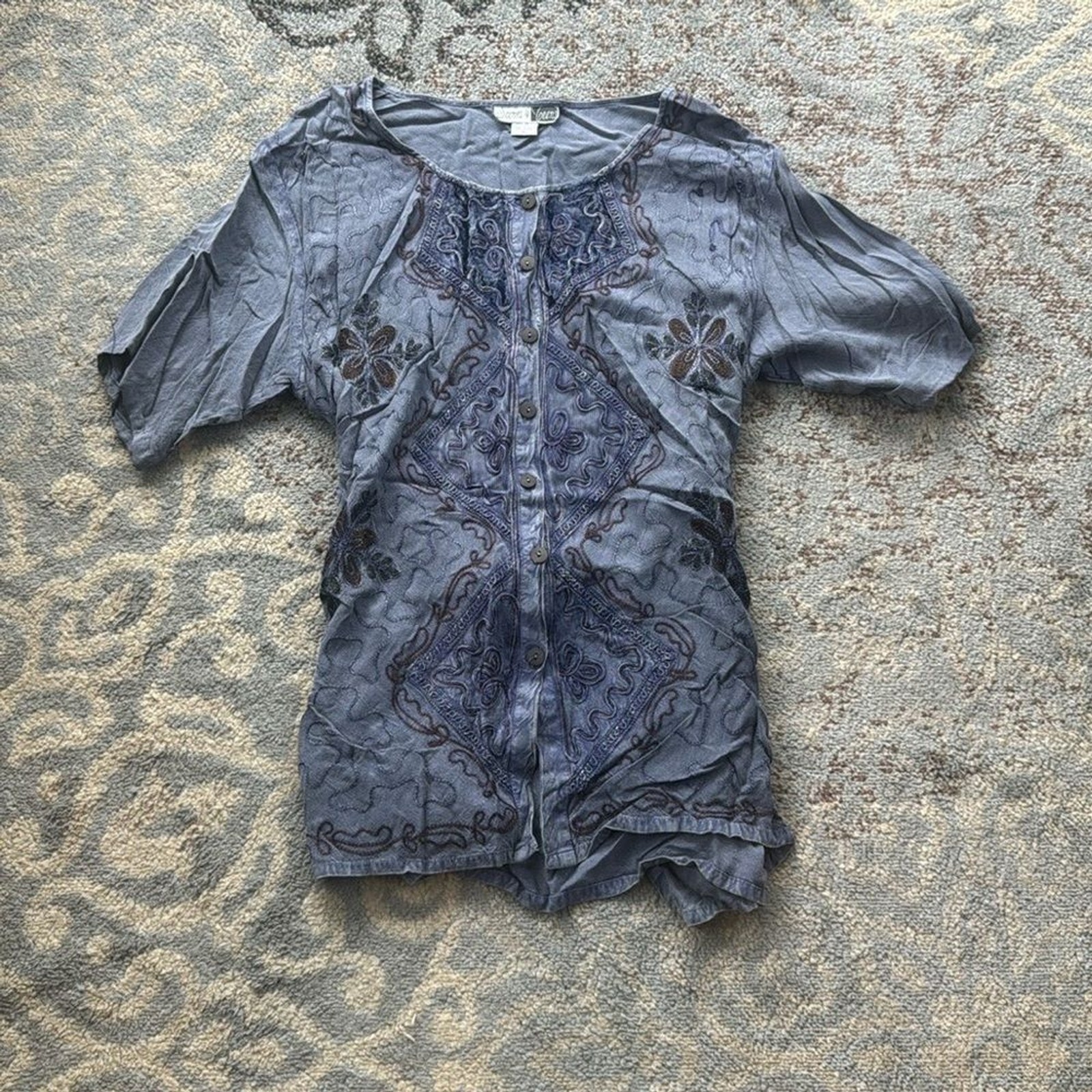 Vintage Scenes for Teens Button Down Embroidered Denim Top Blue XL