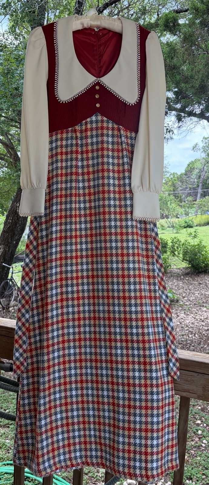 Vintage 70s Fall Maxi Dress Houndstooth Plaid Long Sleeve Cottage-Core Prairie