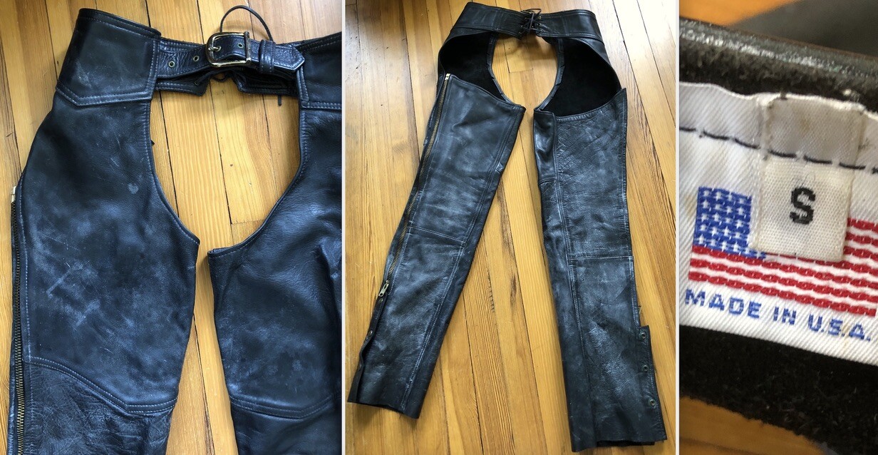 VTG 80s BLACK WAXED LEATHER CHAPS MOTORCYCLE HEAVY DUTY USA-MADE WOMEN’S S GUC