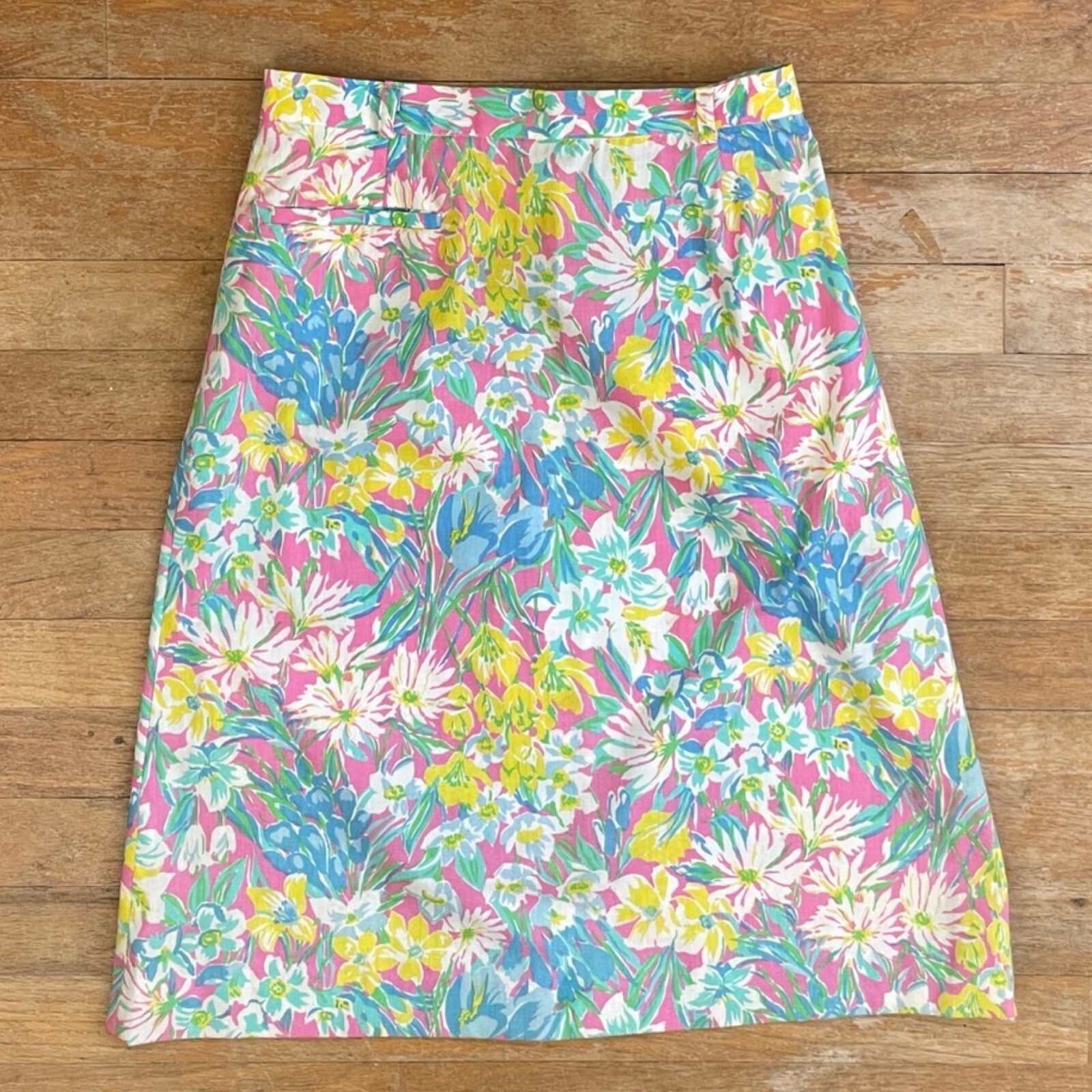 Vintage Floral Skirt 1970s Cotton Blend High Waist Pink Yellow Green Preppy XS