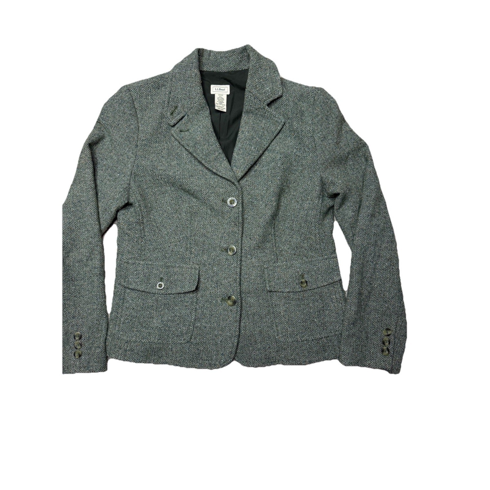 Vtg LL Bean Womens S Green Herringbone Wool Silk Blazer Jacket Tweed Preppy