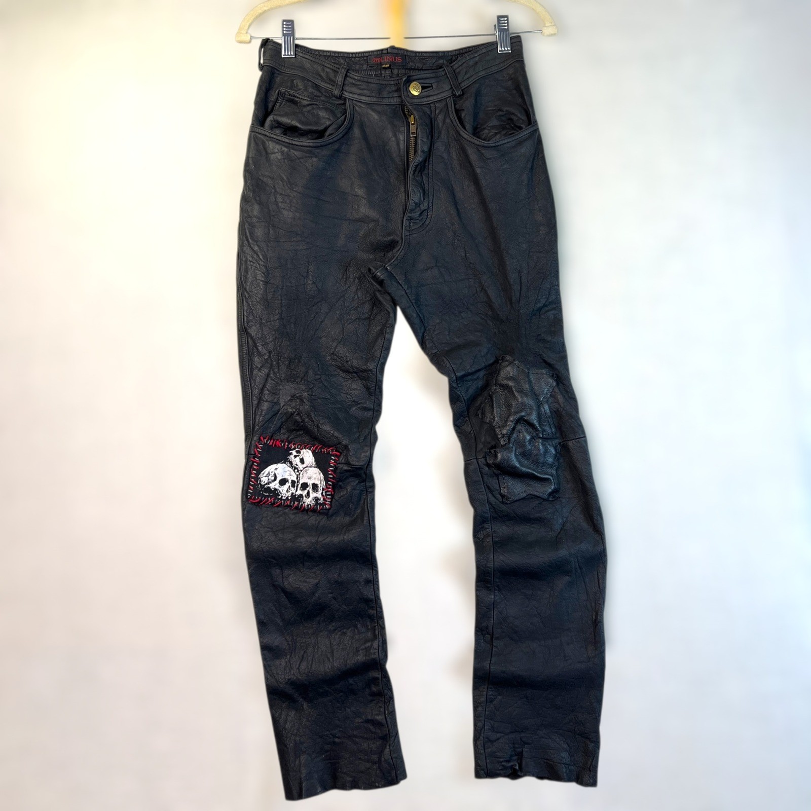 VTG Linus Leather Pants Womens 29 Black Skull Patch Distressed Biker Punk Goth