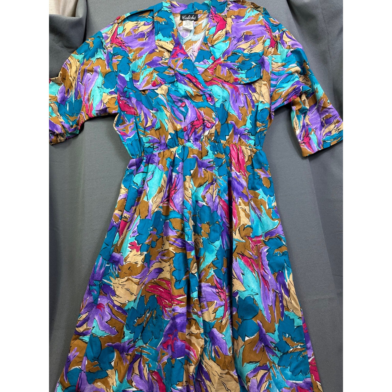 VTG Caliche 80s Abstract Floral Midi Dress Teal Purple Button Front Women 16P