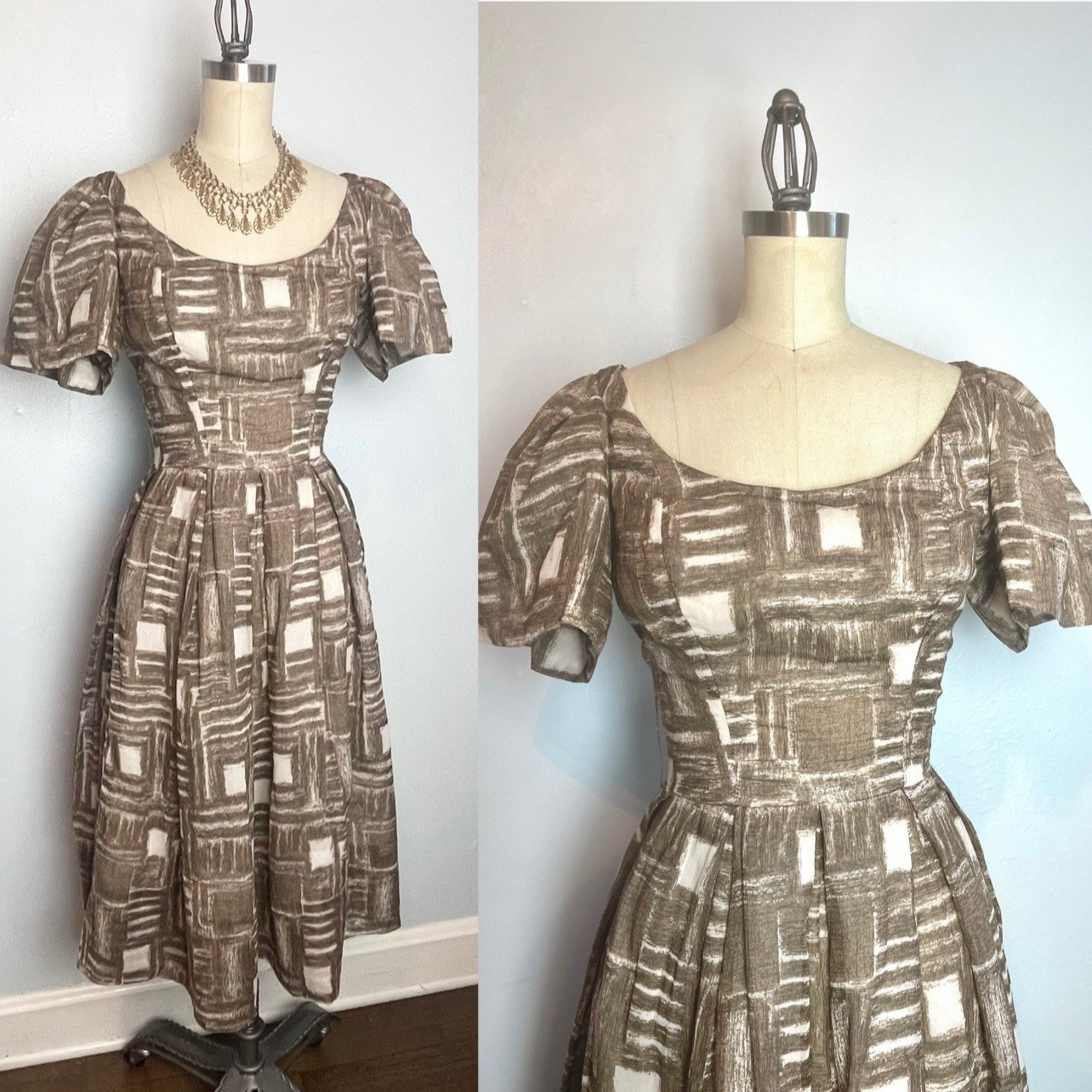Abstract 1950s 50s Vintage Suzy Perette Dress Brown White Puff Sleeves XS XXS