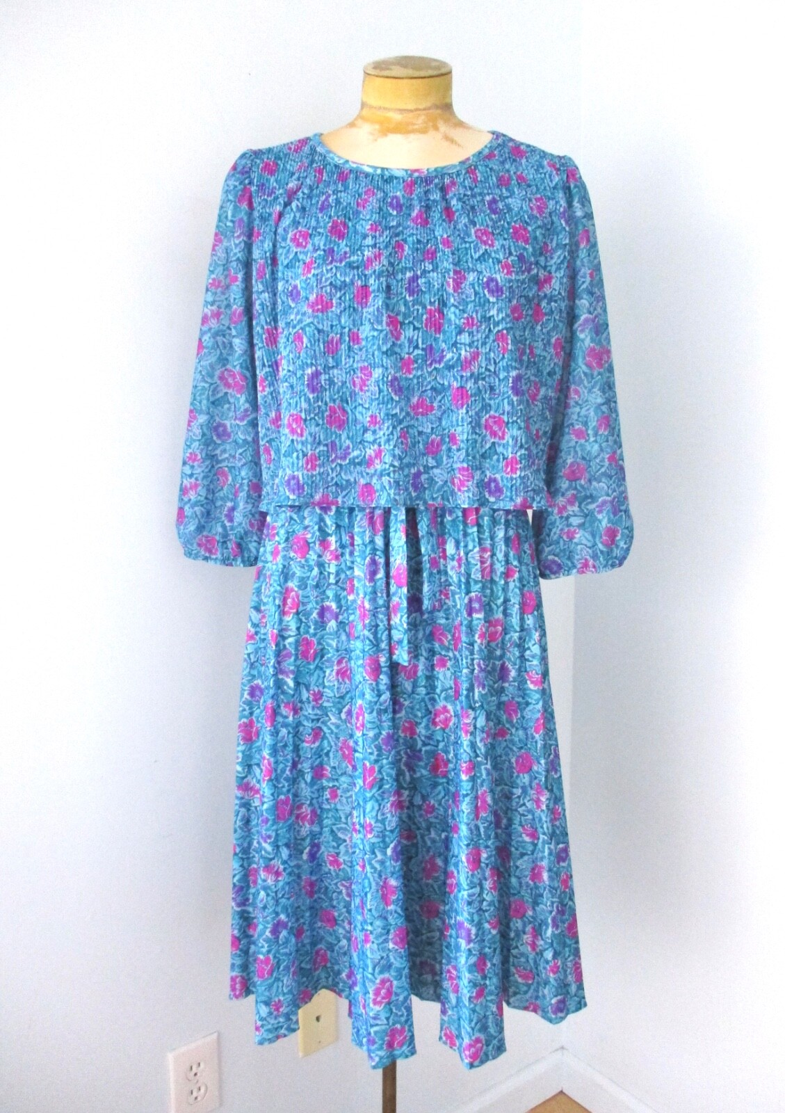 Vtg 70s Blue Pink Floral Fit Flare Secretary Dress Accordion Pleat Overlay 12