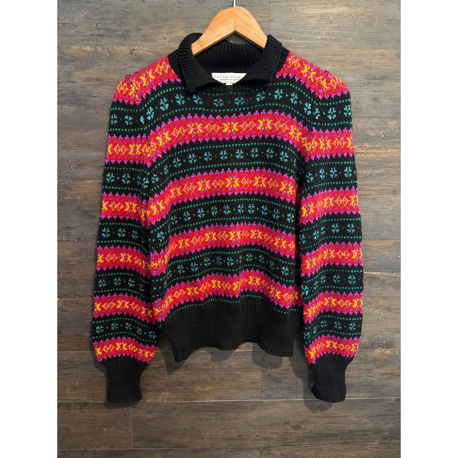 Edina Ronay Hand Knit Silk Wool Sweater England Vintage Black Pink MEDIUM