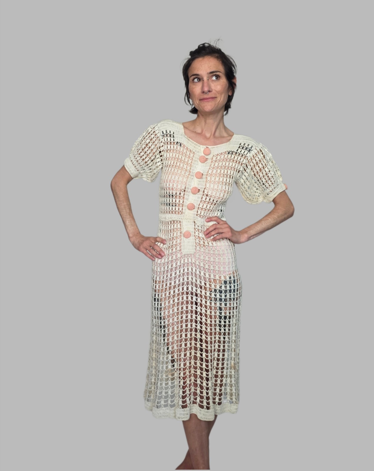 Authentic 1930s Crochet Lace Dress with Original Slip | Vintage Openwork Cotton