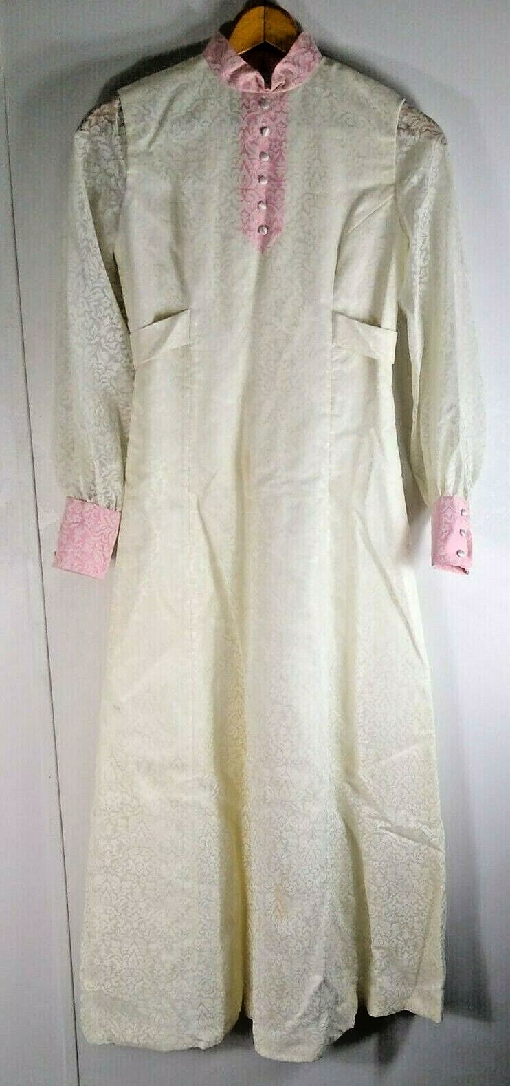 Womens VTG Maxi Dress Lace Overlay Sheer Sleeves Wedding Prairie White Pink S