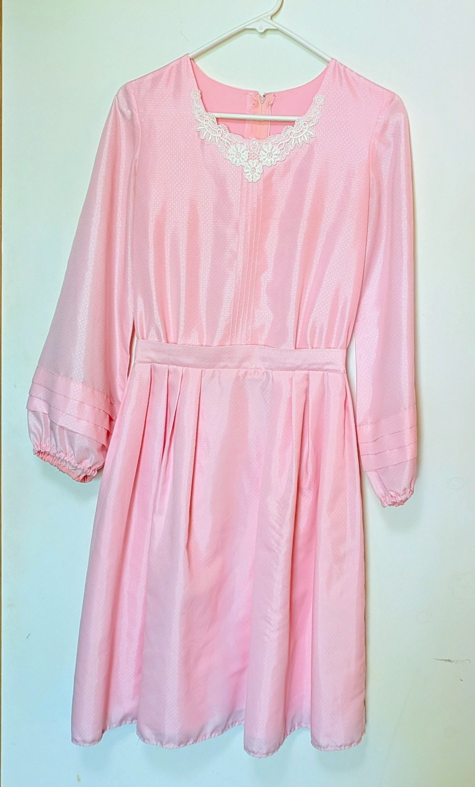 Handmade 1970s Pink Satin Polyester Fit & Flare Dress Lace Neckline M