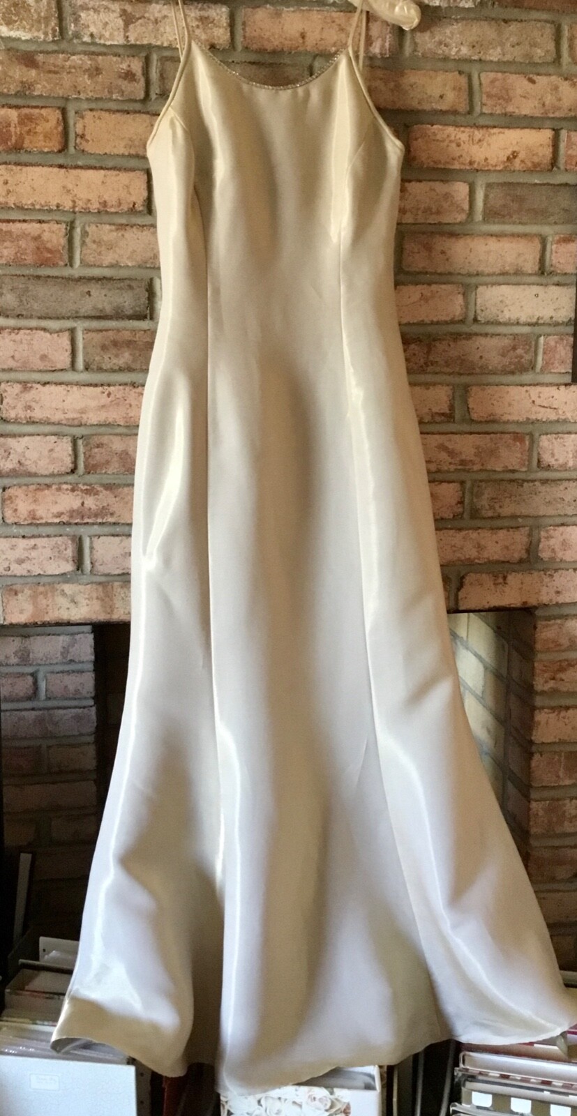 VTG SCOTT MC CLINTOCK WOMEN’S LONG FLARED DRESS SIZE 6 TAN/GOLD RHINESTONE TRIM