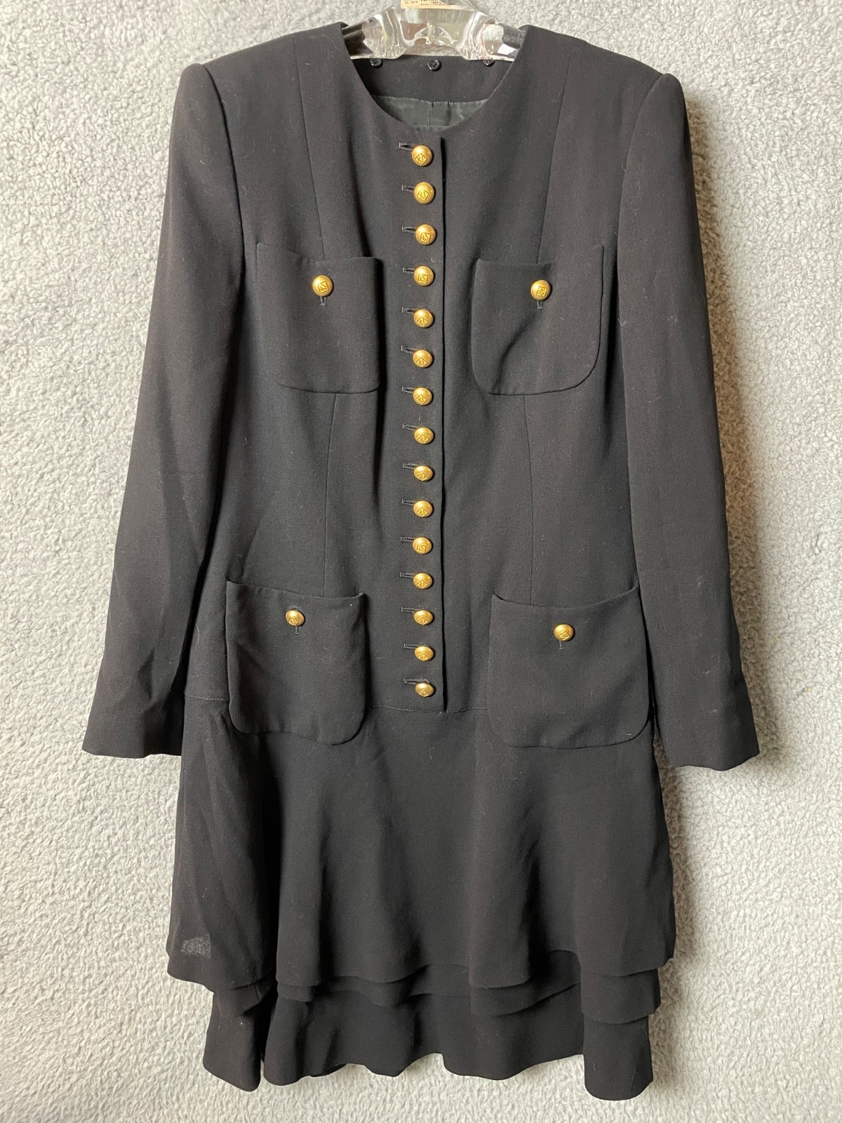 Vintage Rena Lange 8 Black Wool Dress Gold Tone Buttons Tiers 90s Luxury Designe