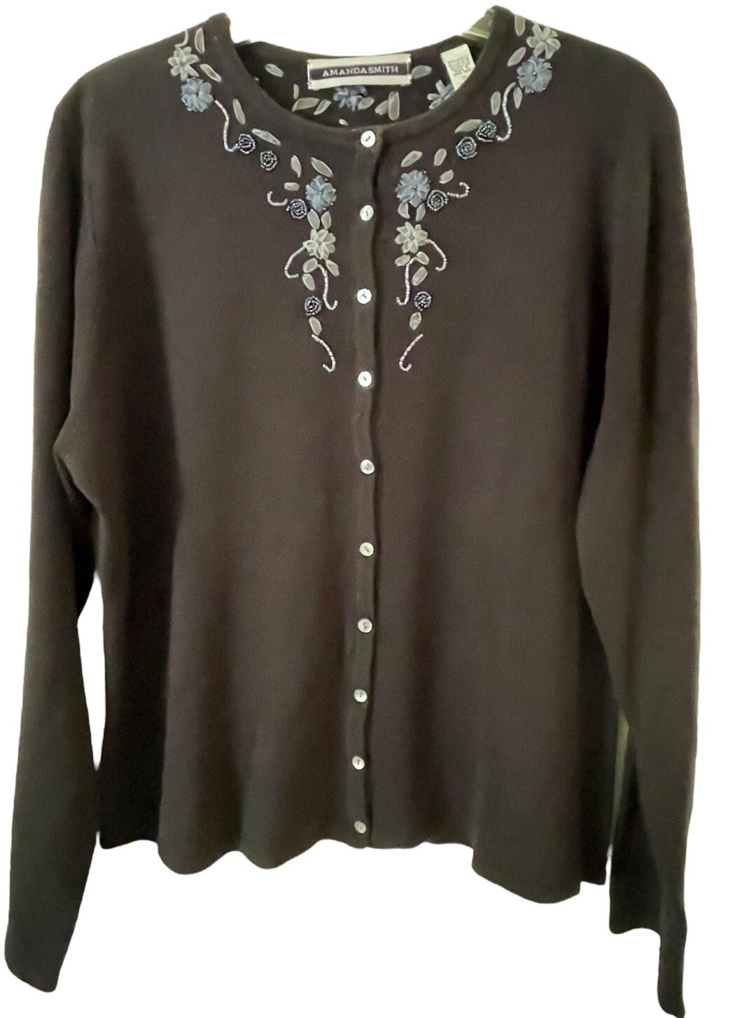Vintage Sz XL Amanda Smith Beaded Ribbon Floral Black Cardigan Granny Sweater