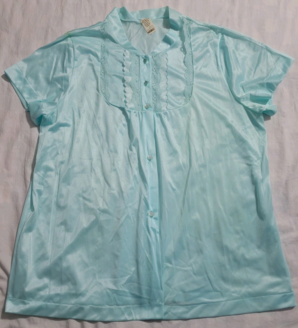 Vtg Pajama Set Aqua Blue Montgomery Ward 40/42 100% Nylon Button Up Lace NOS