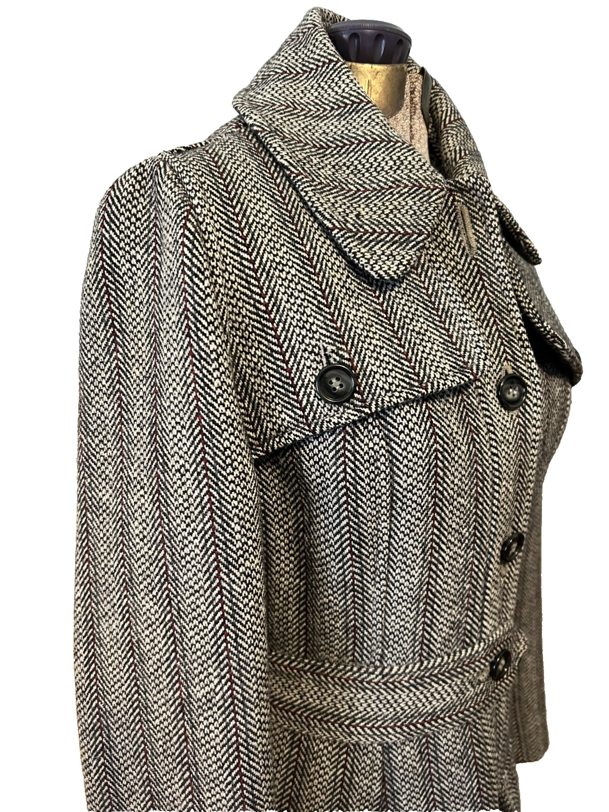 Vintage 1940 Hand-Tailored Herringbone Wool Princess Coat Long Fitted Gorgeous S
