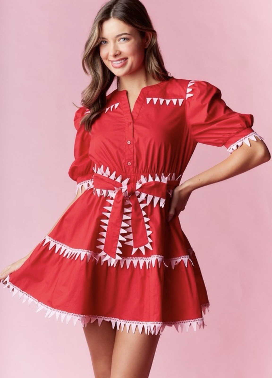 RARETAW,TRIANGULAR TRIM BELTED DRESS.,COLOR RED/PINK,SIZE M