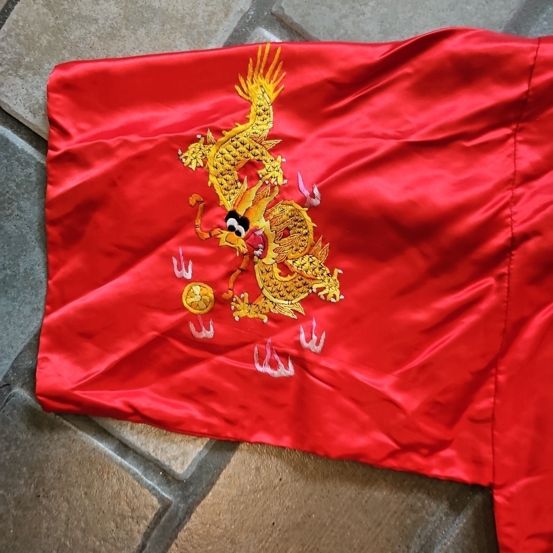 TRUE Vintage 60s Red Silk Embroidered Dragon Asian Kimono Robe MINT w TAG Sz L