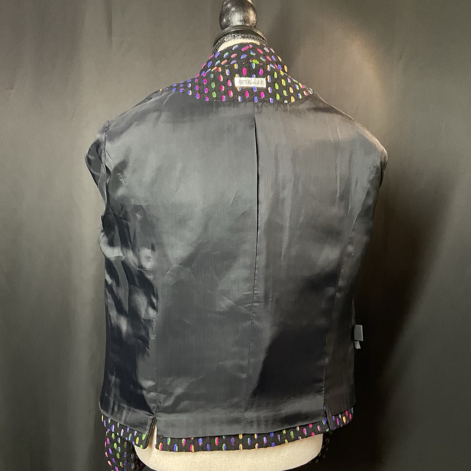 VTG Ann May 100% Silk Blazer Black Multi Color Size 8 Lined Shoulder Pads Retro