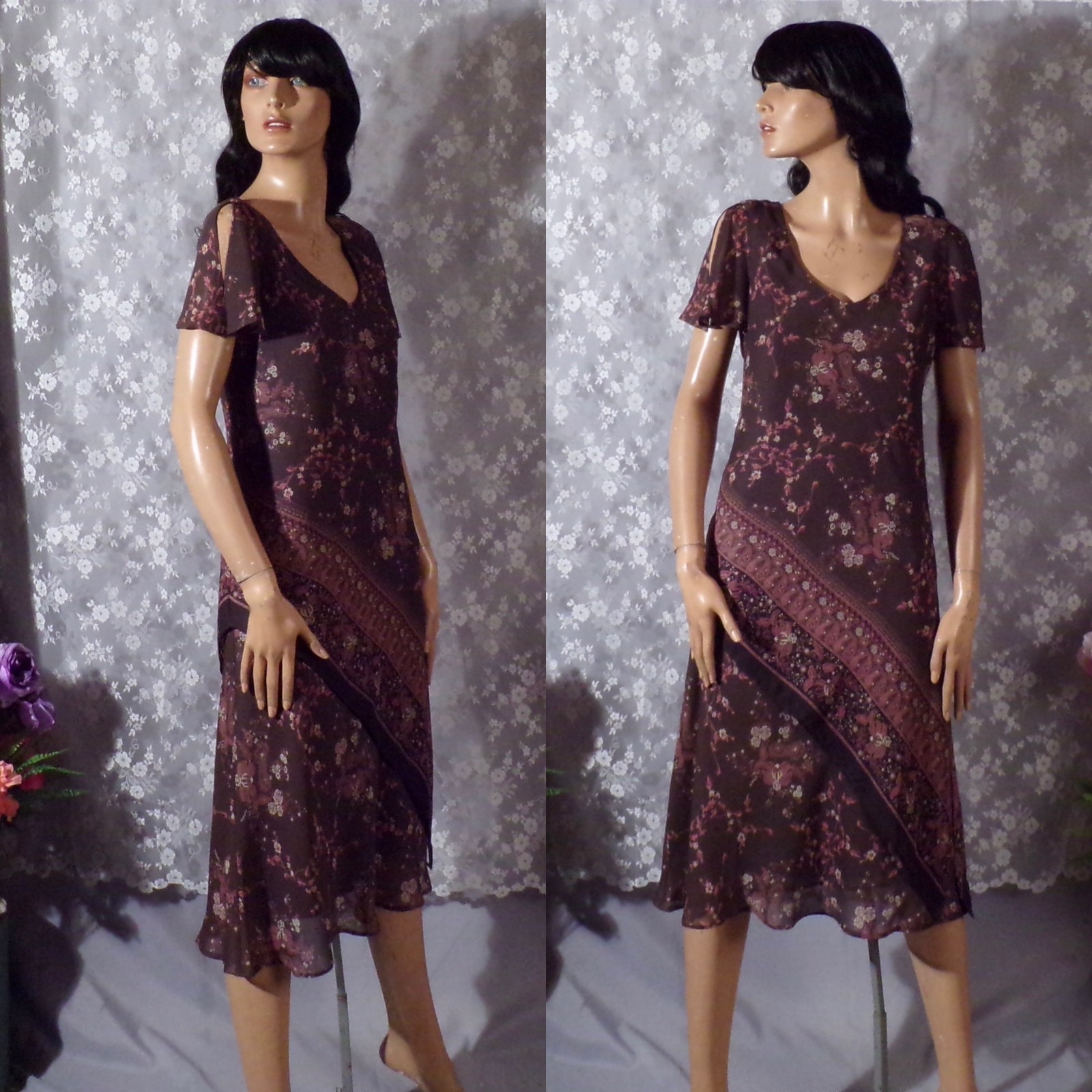 Vintage Y2K Boho Floral Dress Size Small Petite 2000s Retro Brown Paisley
