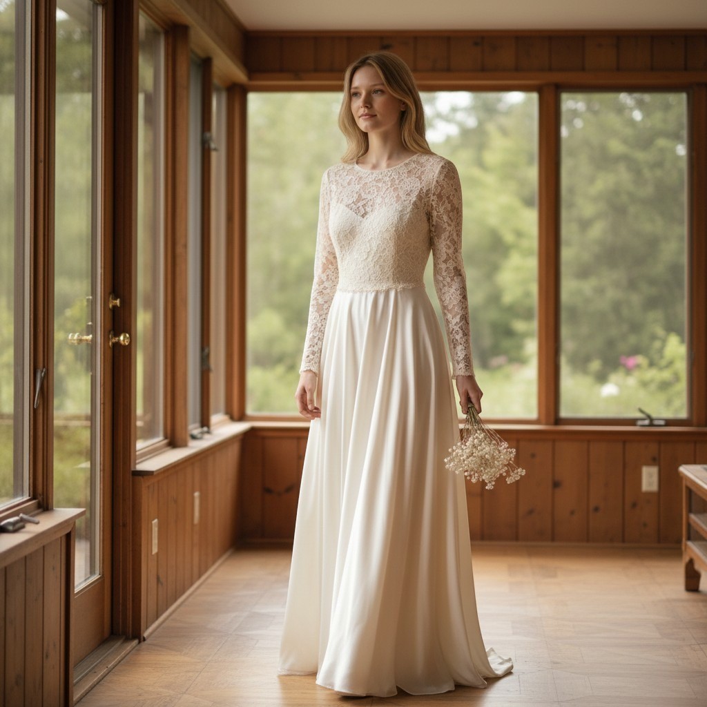 Vintage Lace Satin Wedding Dress Womens XS Cream Maxi Gown Cottagecore