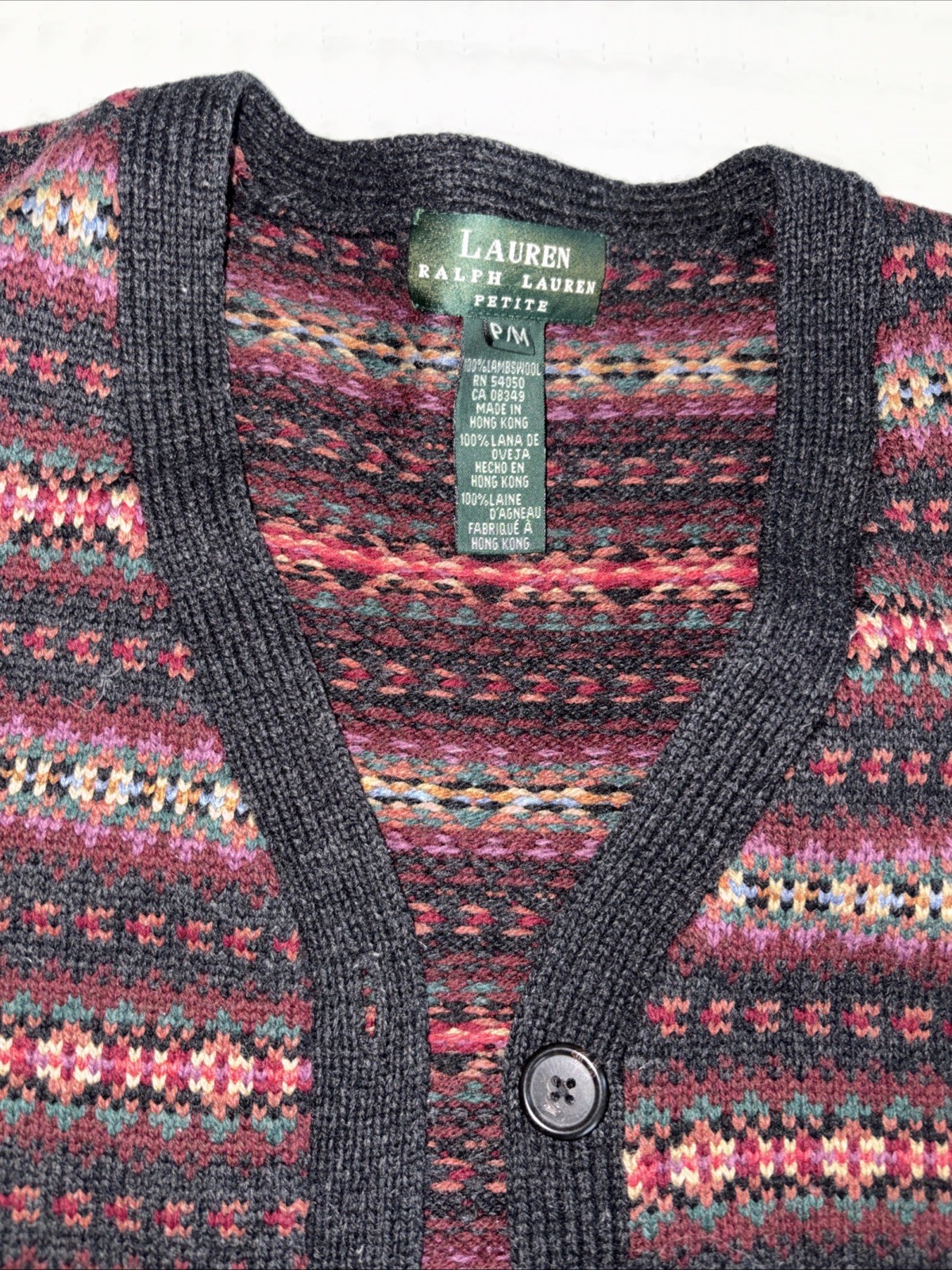 VTG. Ralph Lauren 100% Lambswool Fair Isle Sweater Cardigan Coat Size Petite MED