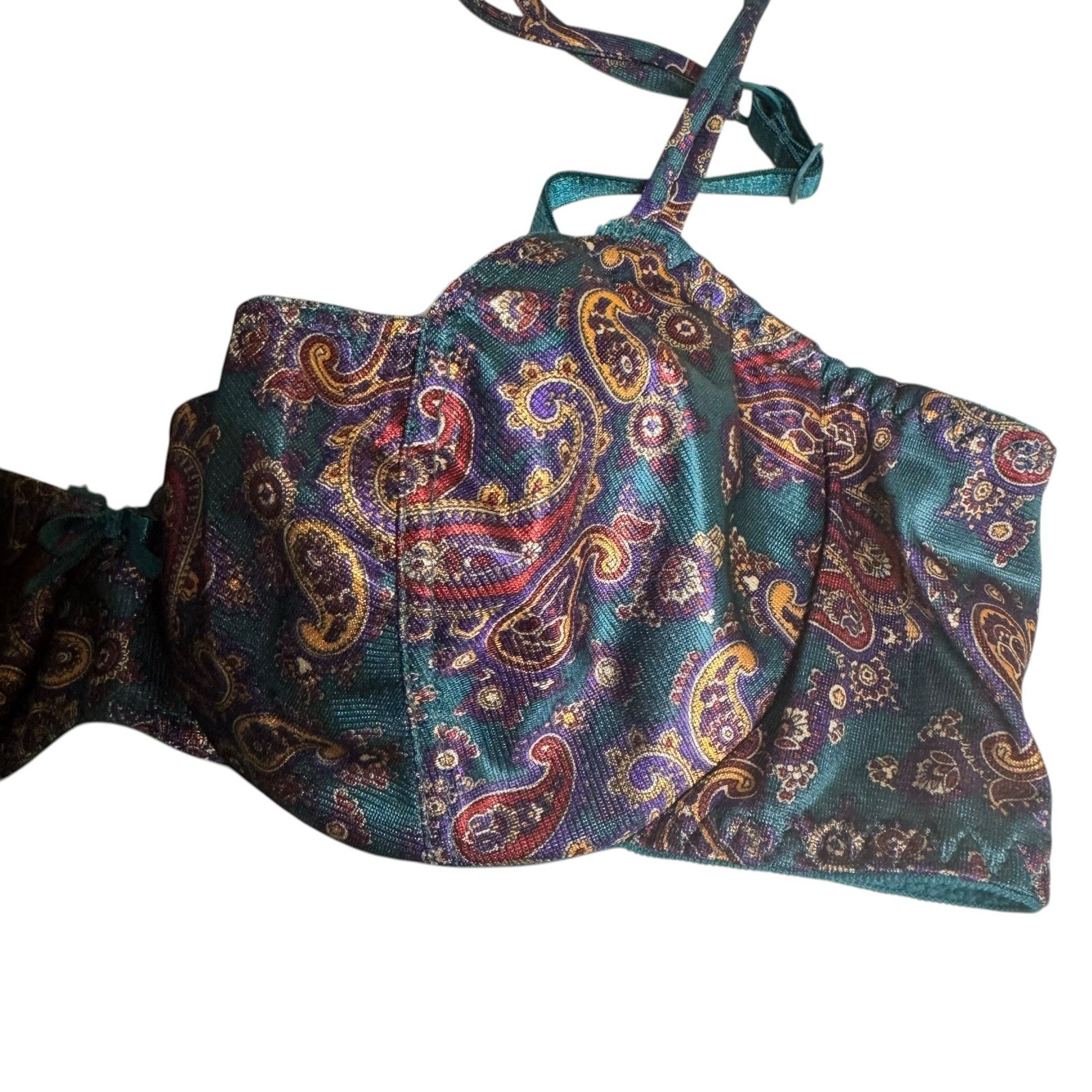 Vintage Victorias Secret Bra 36A Satin Green Jewel Paisley Underwire Gold Label