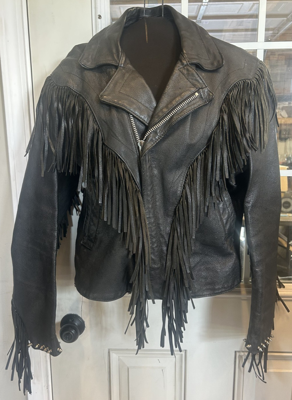 Vintage Black Genuine Leather Tassels Punk Biker Jacket Womens 38 Studded Cuffs