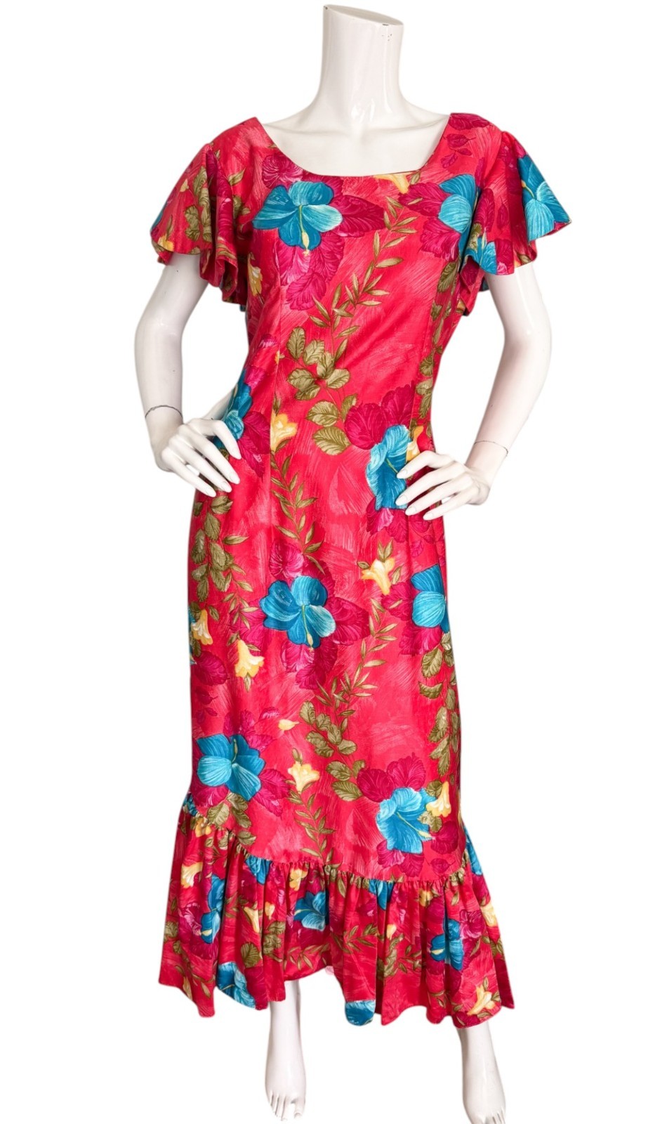 Vintage 60’s South Seas Hawaiian Floral Fishtail Maxi Dress Tiki Polynesian S/M
