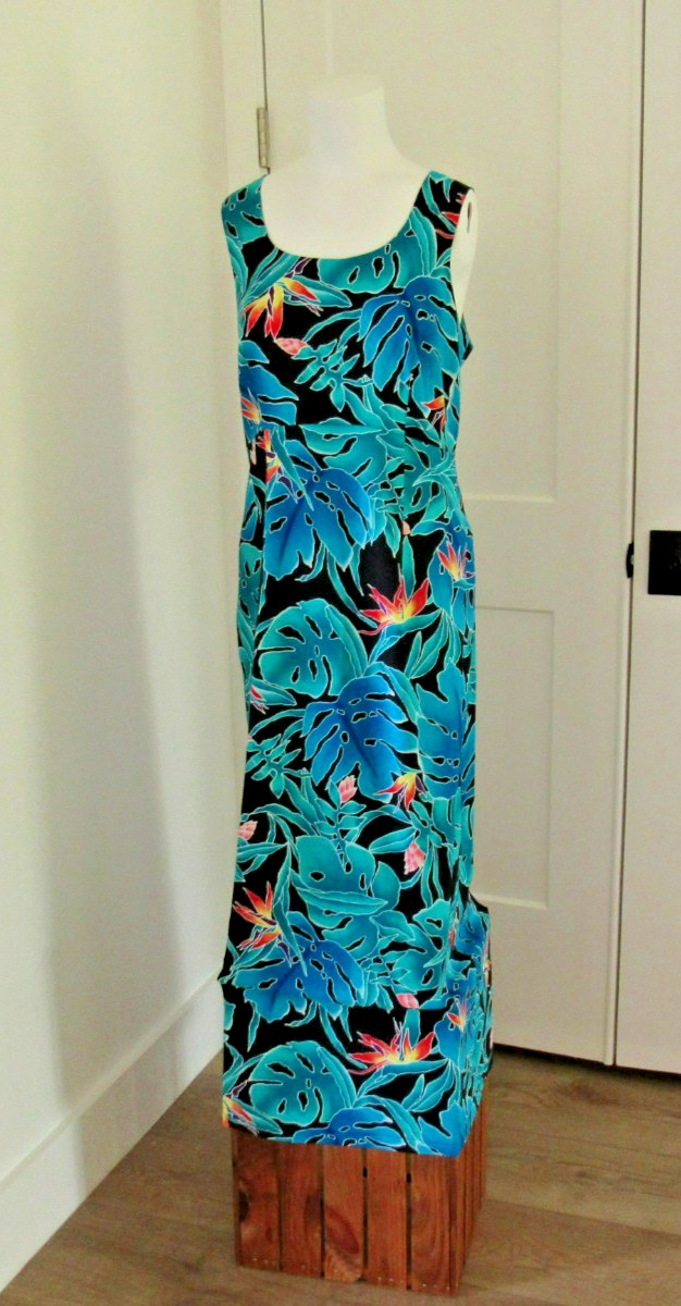 VTG. Hilo Hattie Hawaiian Blue Monstera Leaf & Bird Of Paradise Dress sz 12