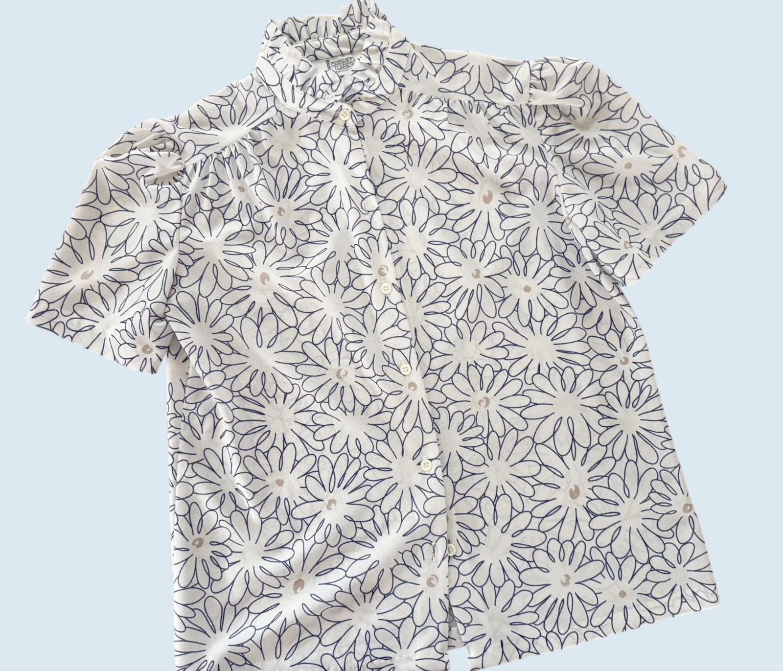 Vintage CRICKET LANE Daisy Floral Blue White Blouse Top 1980s Sz S
