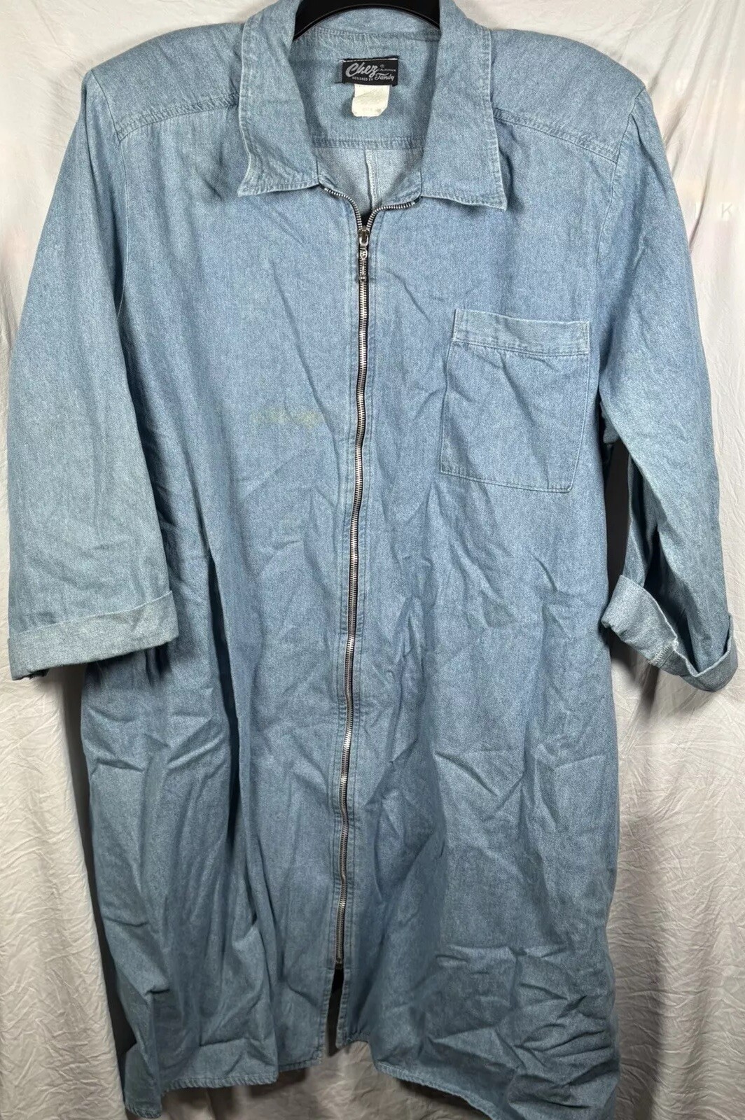 VTG. Chez Designed by Tandy Lt Blue Denim Top Size 28W Zip Up Made in USA