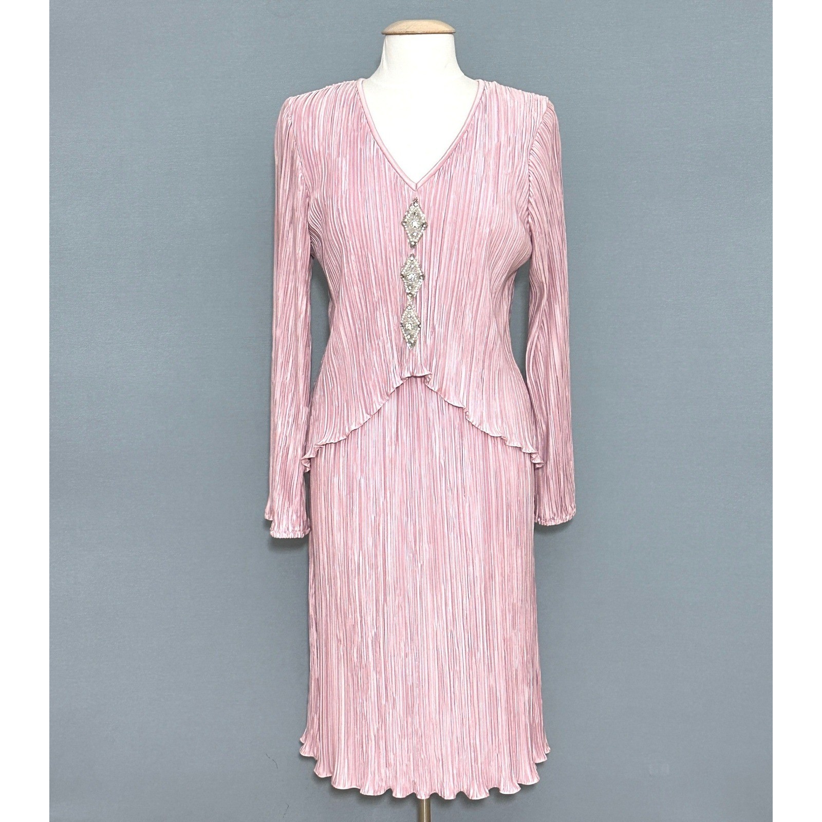 VTG After Dark 90s Women Dress 12 Pink Plisse Pleated Midi Beads Feminine Weding