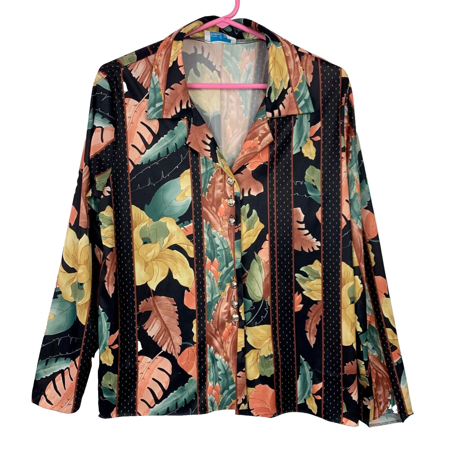 Vintage 70s Village Fair Abstract Floral Slick Button Up Shirt Bust 42″