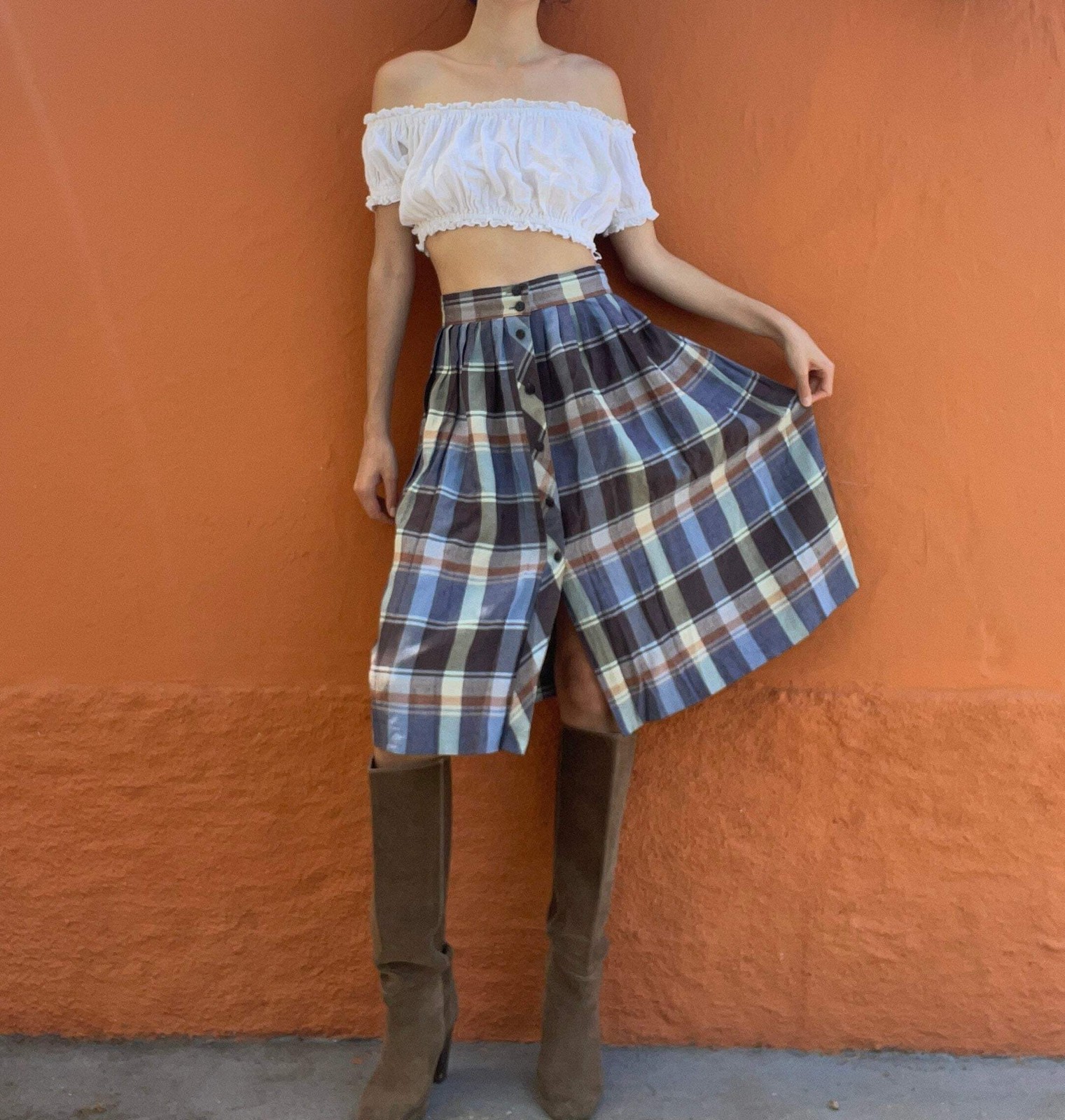 Vintage plaid blue and brown midi skirt, Long high waist Cottage core skirt