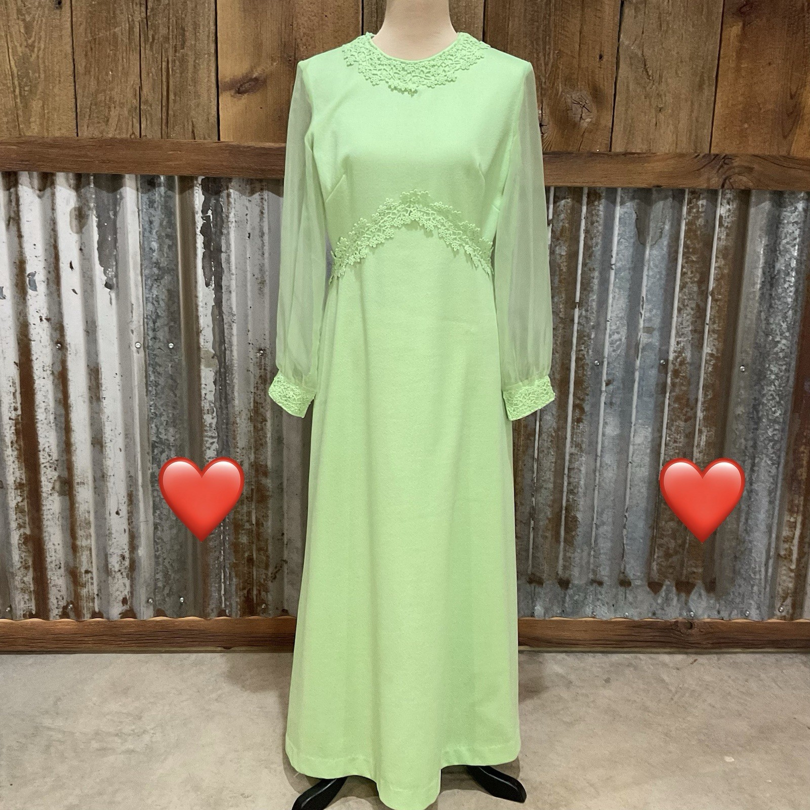 Vintage 60’s 70’s Green Formal Maxi Dress Sheer Sleeves Size Small or Medium