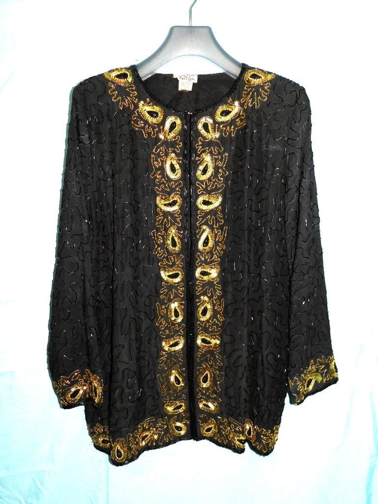 Vintage Style Design L Black Silk Gold Sequin Bead Dress Tunic Shirt Long Sleeve